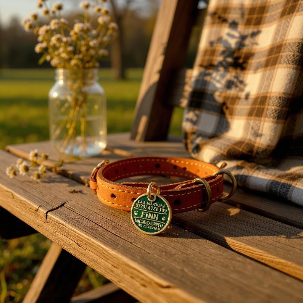 Collection of round brass dog ID tags with deep engraving, handmade in the UK, shown in multiple finishes for The Heritage Brass Collection