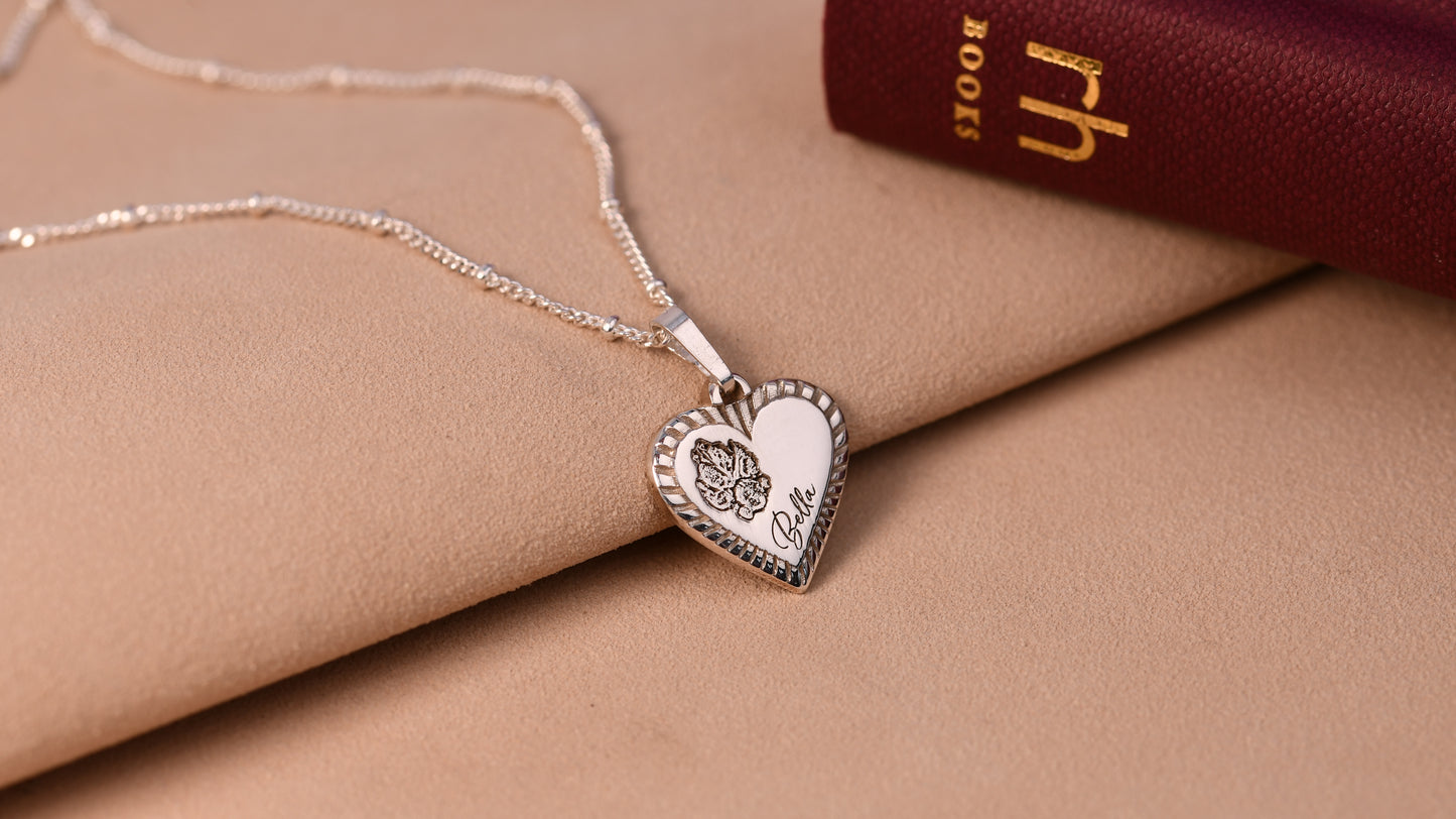 The Sunburst Heart — Actual Paw & Nose Print Engraved Pendant in Sterling Silver