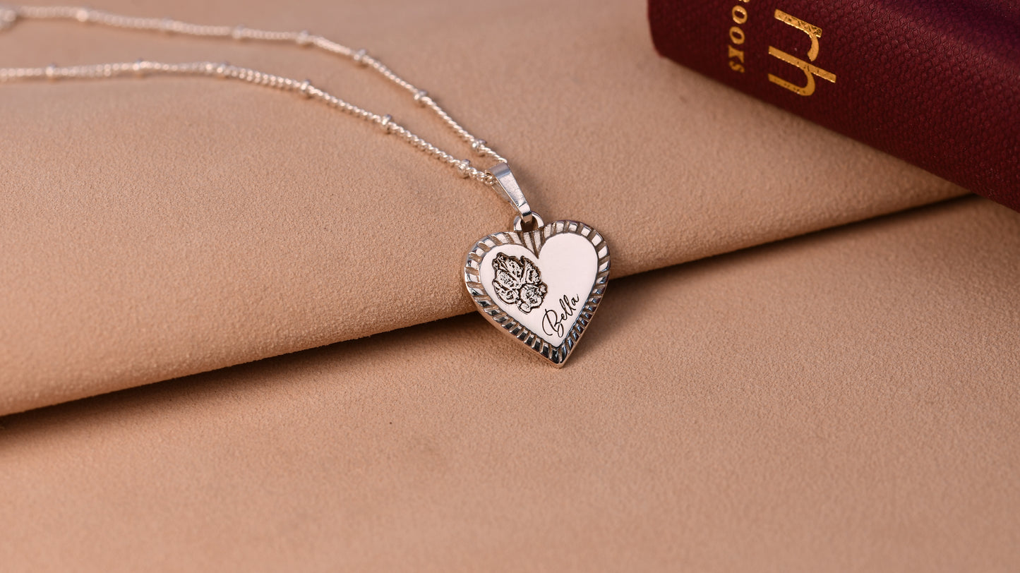 The Sunburst Heart — Actual Paw & Nose Print Engraved Pendant in Sterling Silver