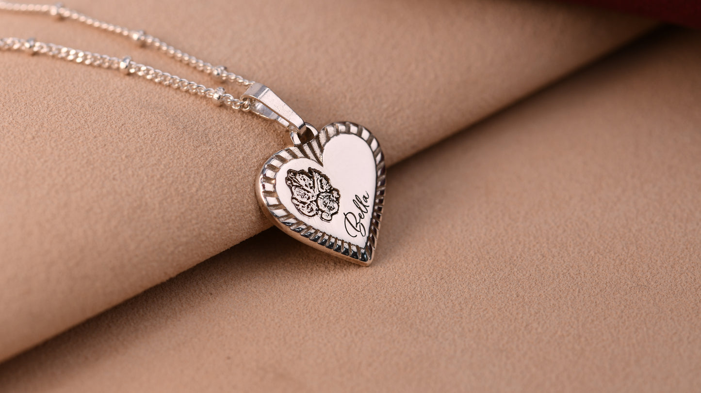 The Sunburst Heart — Actual Paw & Nose Print Engraved Pendant in Sterling Silver