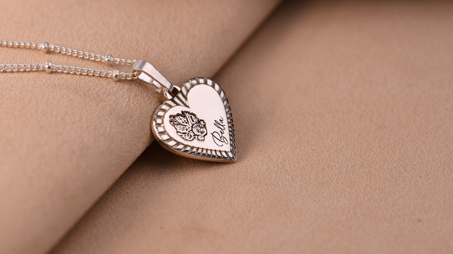 The Sunburst Heart — Actual Paw & Nose Print Engraved Pendant in Sterling Silver