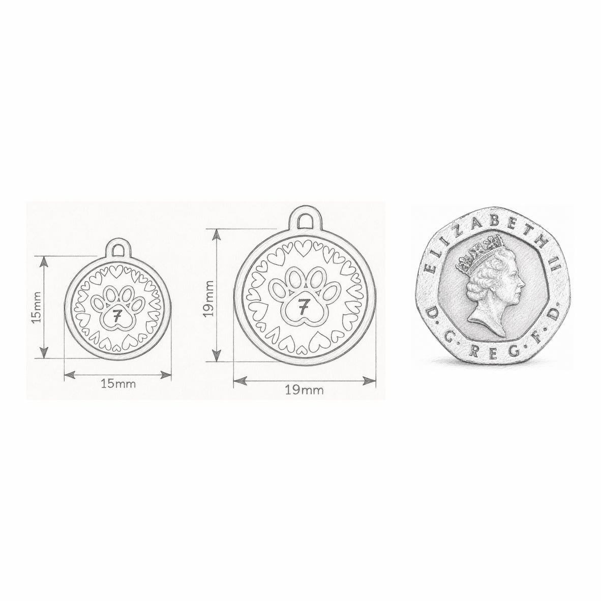 Silver pendant with paw print design and dimensions on a white background