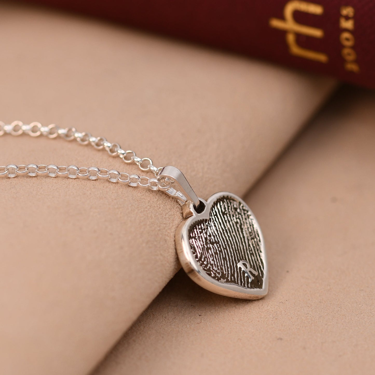  Artisan fingerprint heart necklace with a full fingerprint and an engraved initial