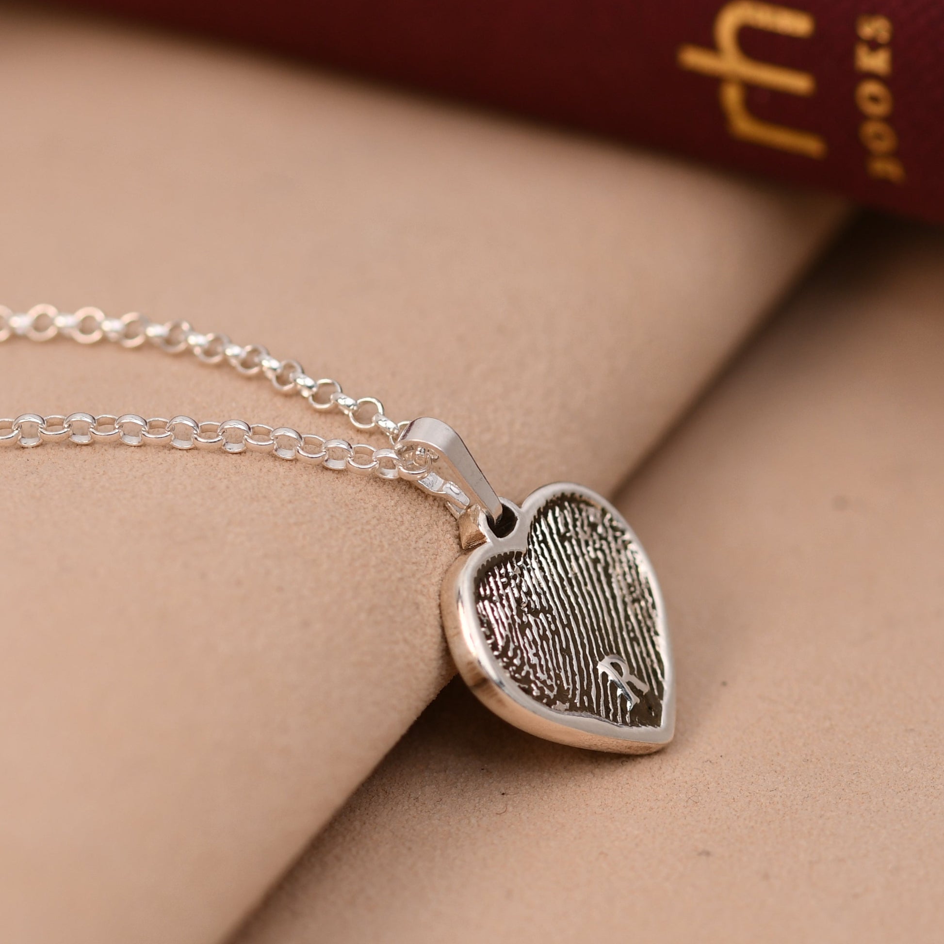  Artisan fingerprint heart necklace with a full fingerprint and an engraved initial