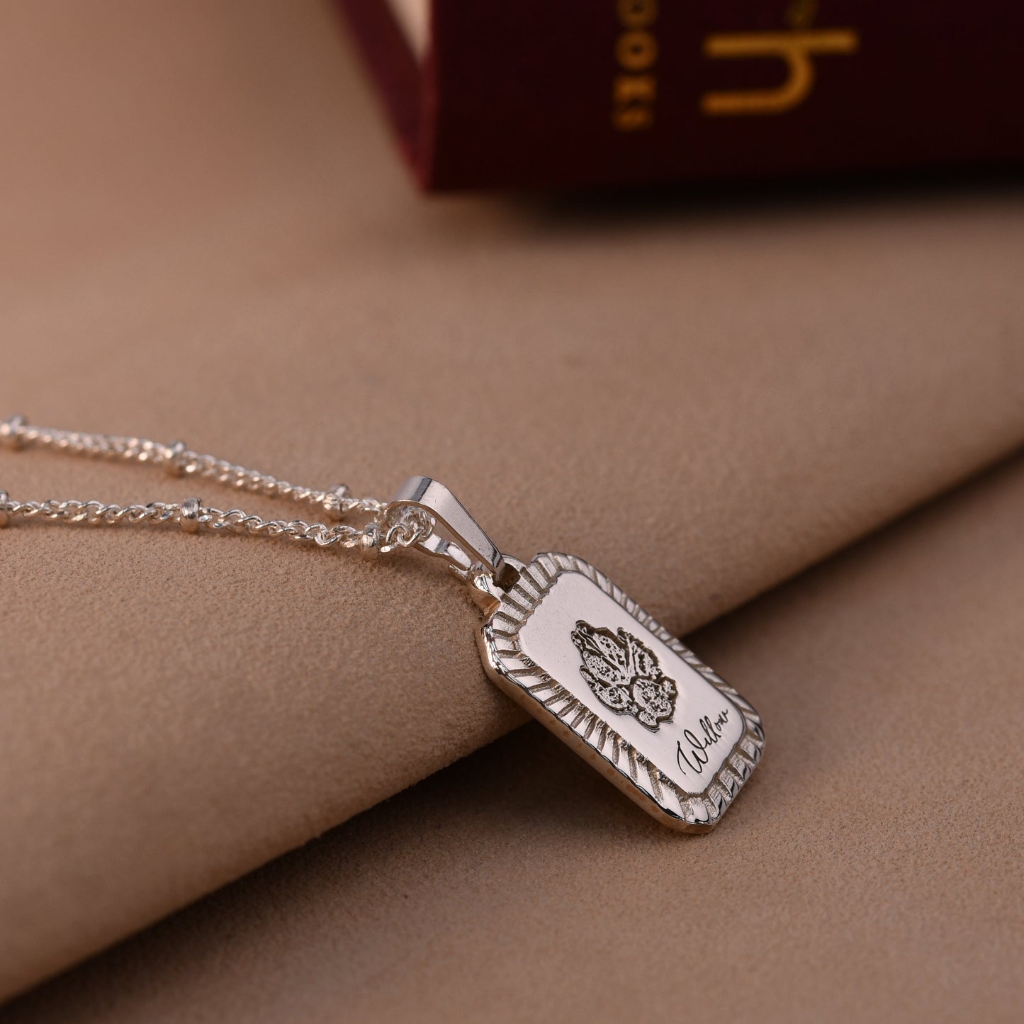 Silver necklace with a pendant on a brown surface
