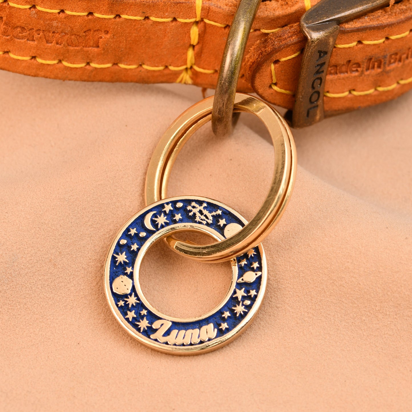 Dog collar with a decorative blue and gold tag on a beige background