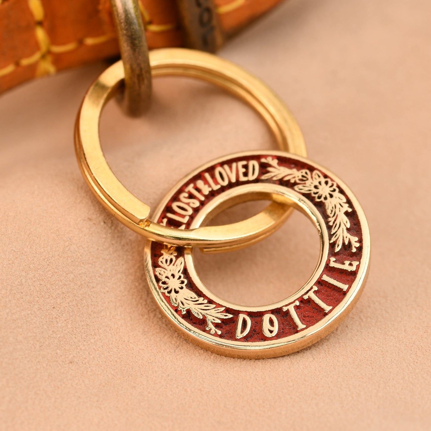 Gold and red pet tag on a leather collar with 'LOVED' and 'DOTTIE' engraved.