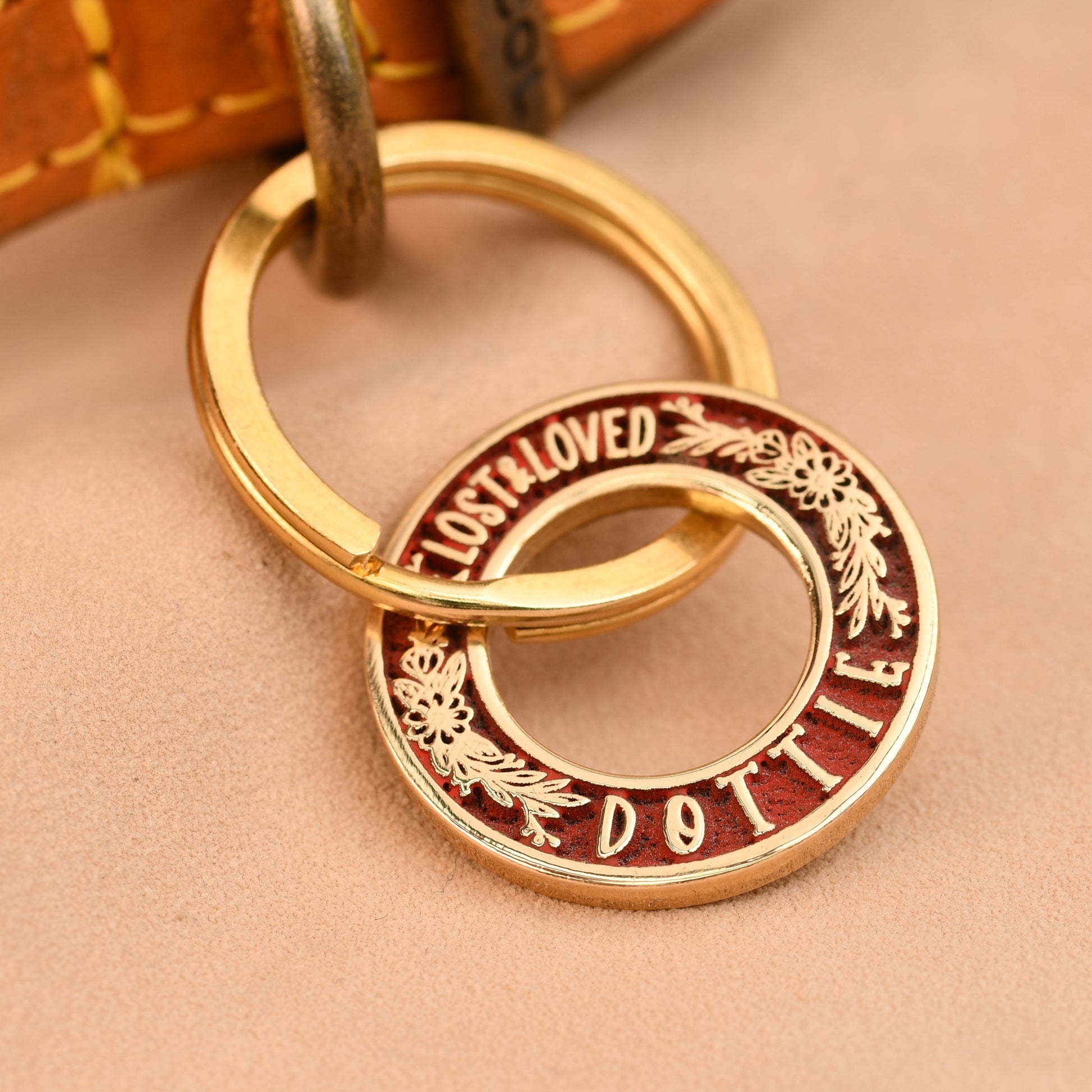 Gold and red pet tag on a leather collar with 'LOVED' and 'DOTTIE' engraved.