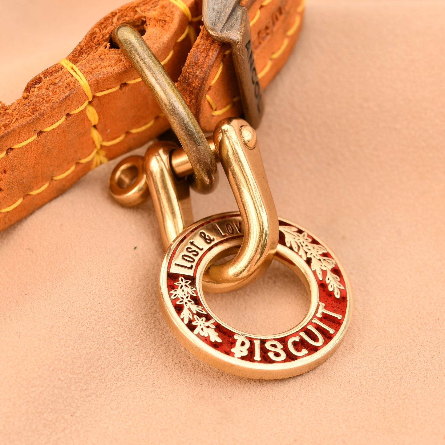 Close-up of a gold dog collar with a red and gold tag on a beige background