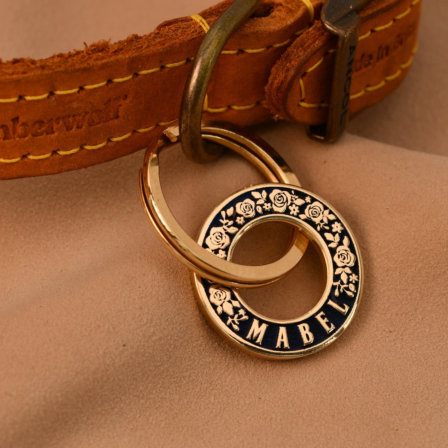 Brown leather collar with a gold tag on a brown background