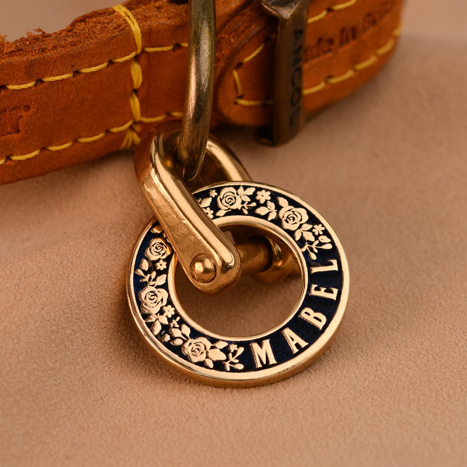 Close-up of a gold and black dog tag on a brown leather collar.