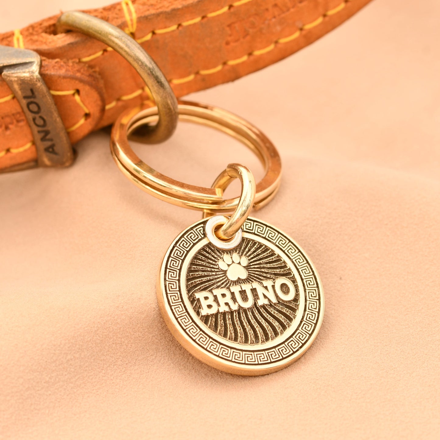 The Sundial Tag — Polished Brass Dog Tag with Greek Key Border