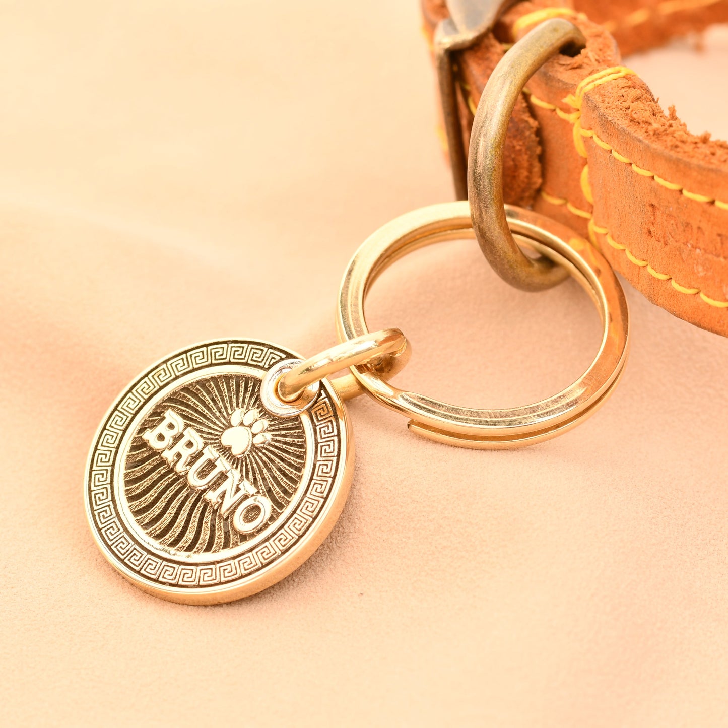 The Sundial Tag — Polished Brass Dog Tag with Greek Key Border