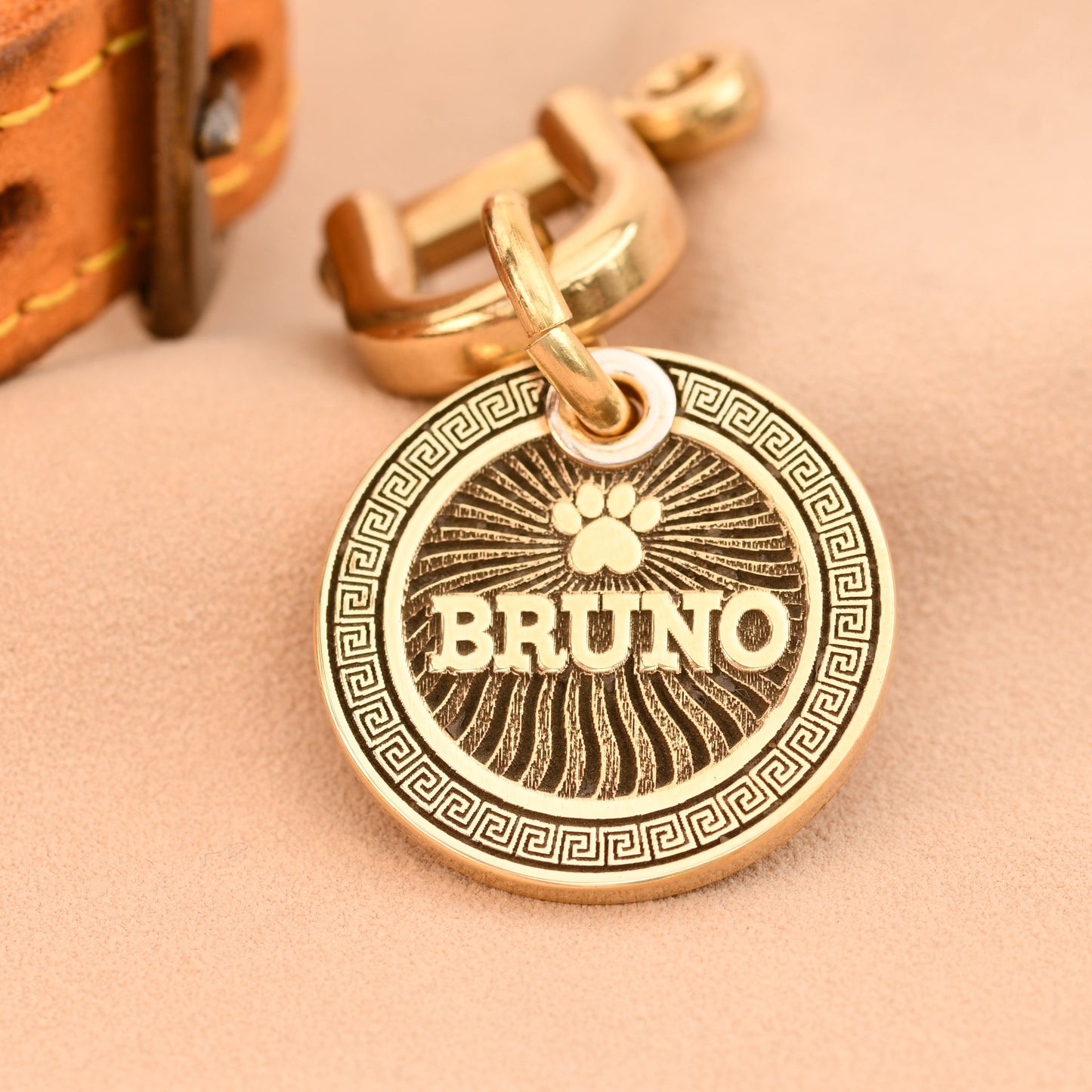 The Sundial Tag — Polished Brass Dog Tag with Greek Key Border