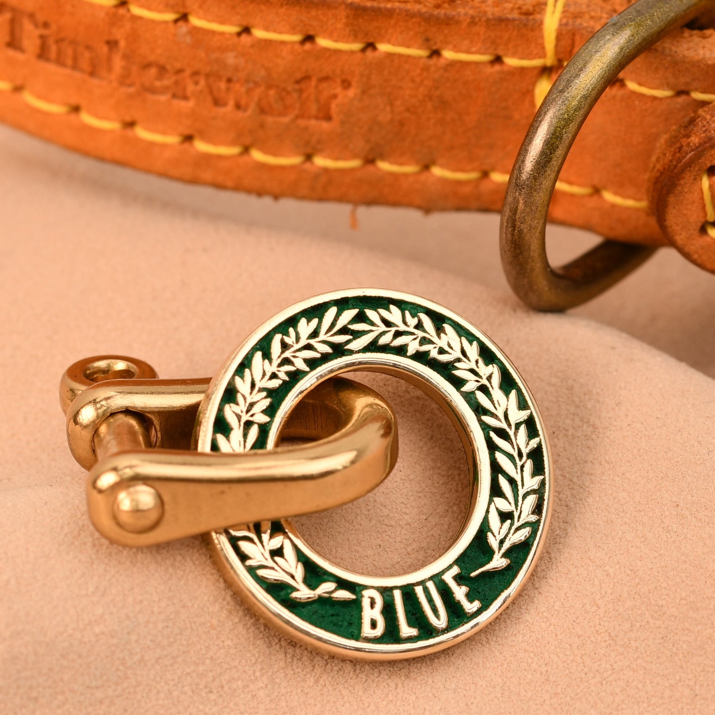 Brown leather dog collar with gold and green clasp on a beige background