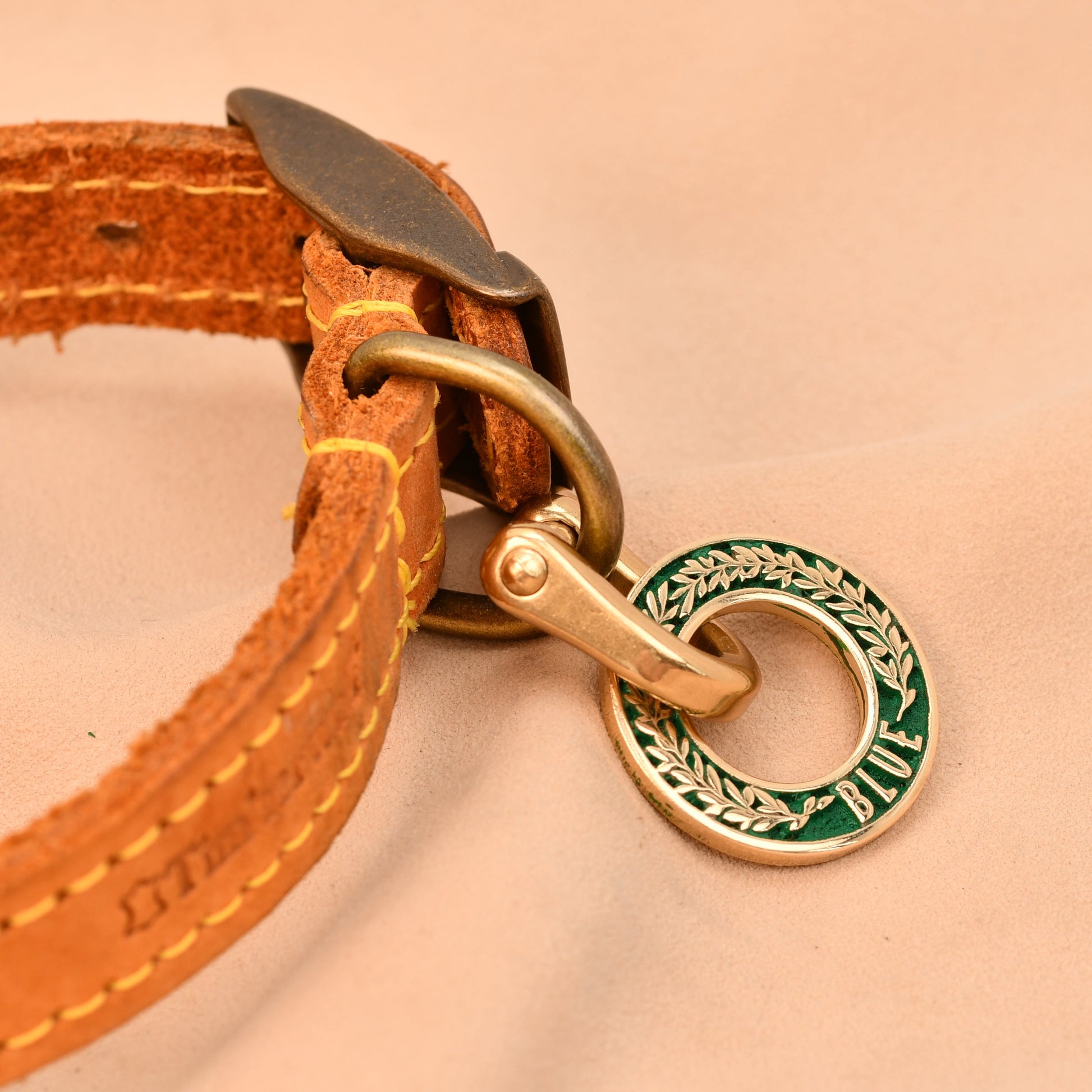 Brown leather dog collar with a gold clasp and green metal tag on a beige background