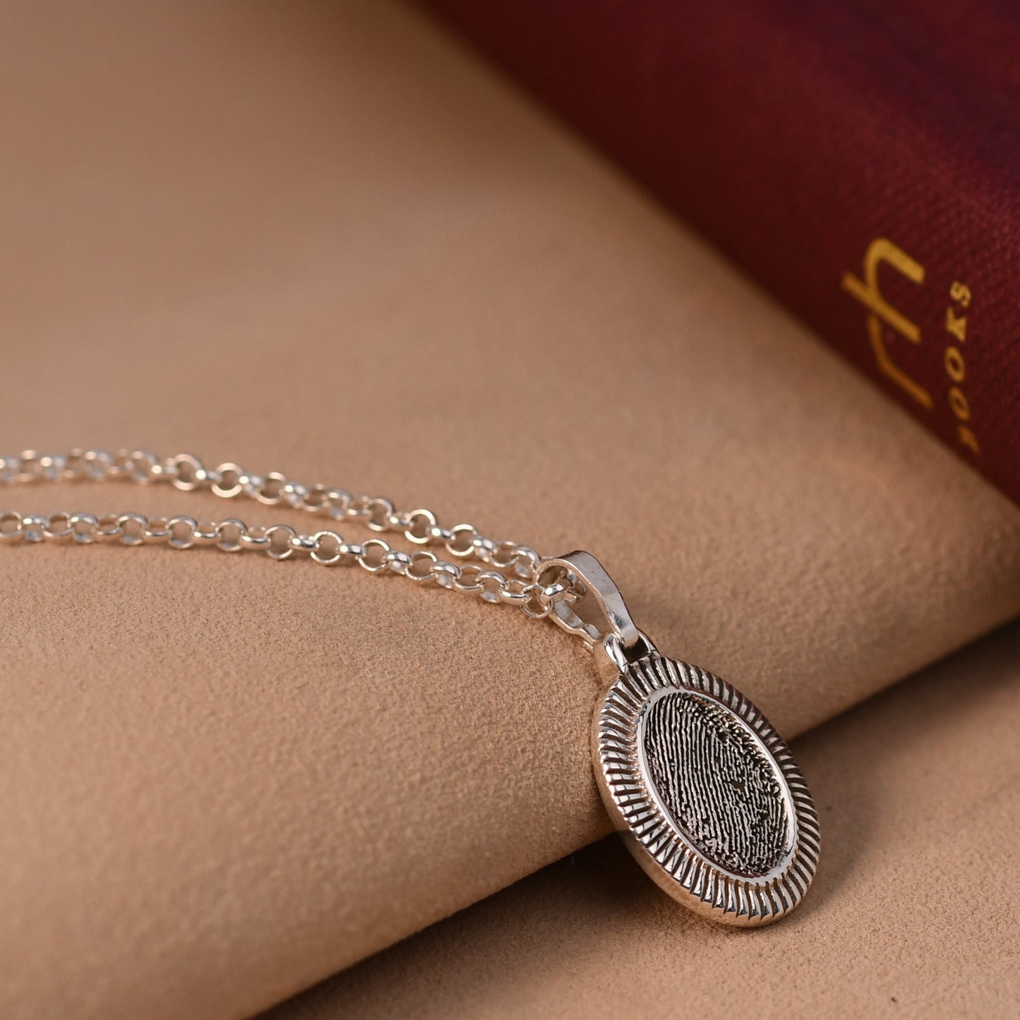  Sterling silver oval fingerprint necklace engraved with a single fingerprint