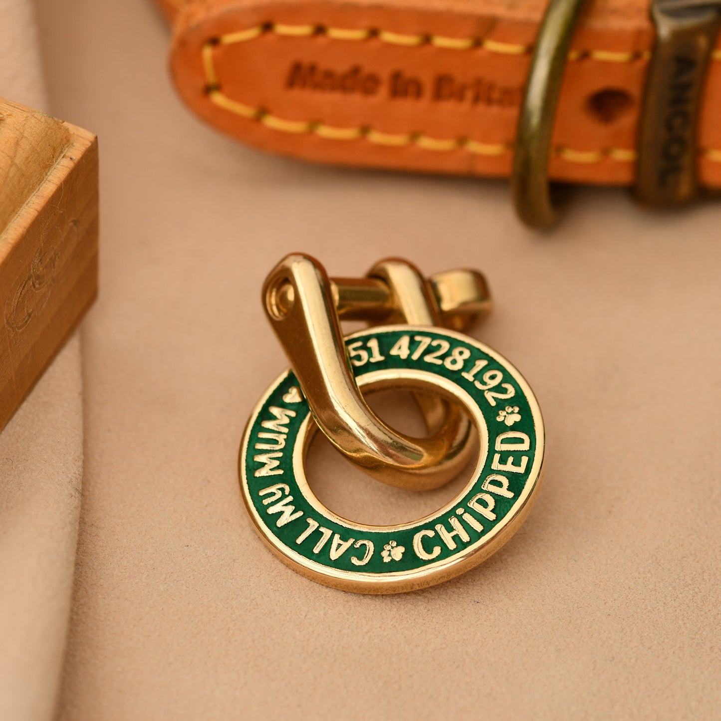 Personalised brass hoop dog tag with green engraving and Call My Mum Chipped message