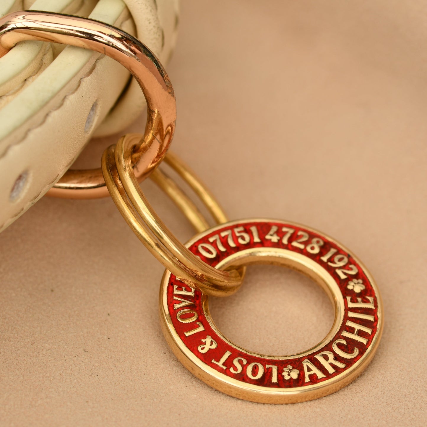Personalised brass hoop dog tag with red engraving and Lost and Loved message on cream collar