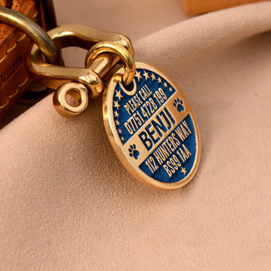 The Pawprint Tag — Brass Dog Tag with Paw & Leaf Engraving