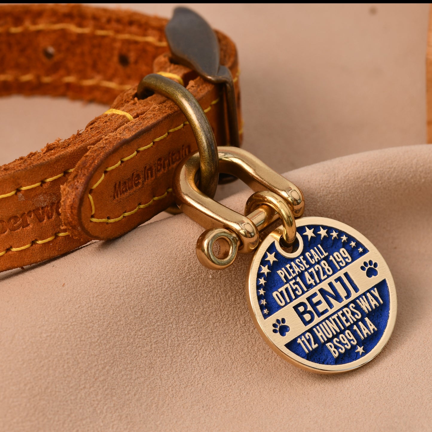 The Pawprint Tag — Brass Dog Tag with Paw & Leaf Engraving