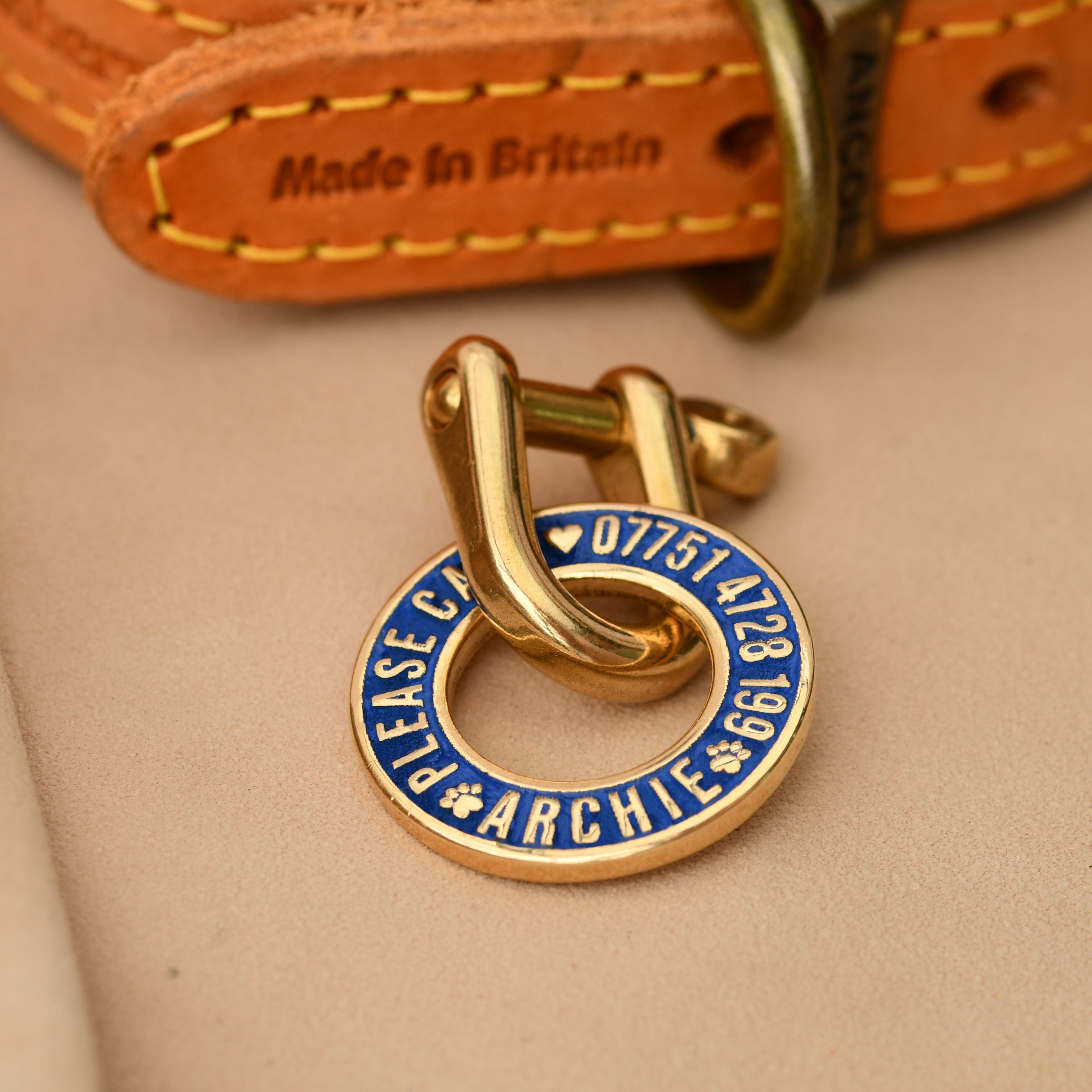 Hoop-shaped brass ID tag with deep custom engraving, handmade in the UK. Suitable for dogs, cats, and horse bridles, shown attached to a collar for display.