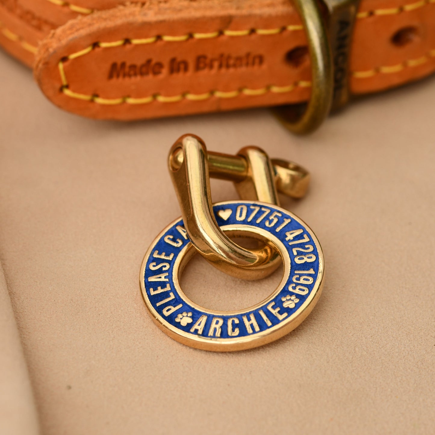 Hoop-shaped brass ID tag with deep custom engraving, handmade in the UK. Suitable for dogs, cats, and horse bridles, shown attached to a collar for display.