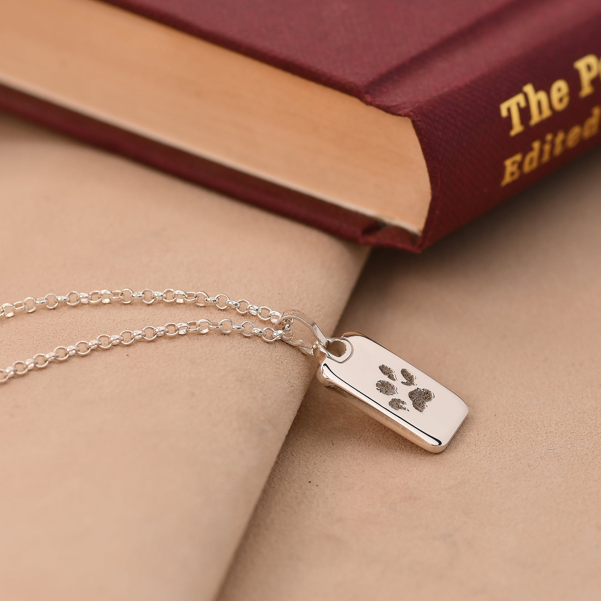 Silver necklace with a paw print tag on a beige surface with a book in the background