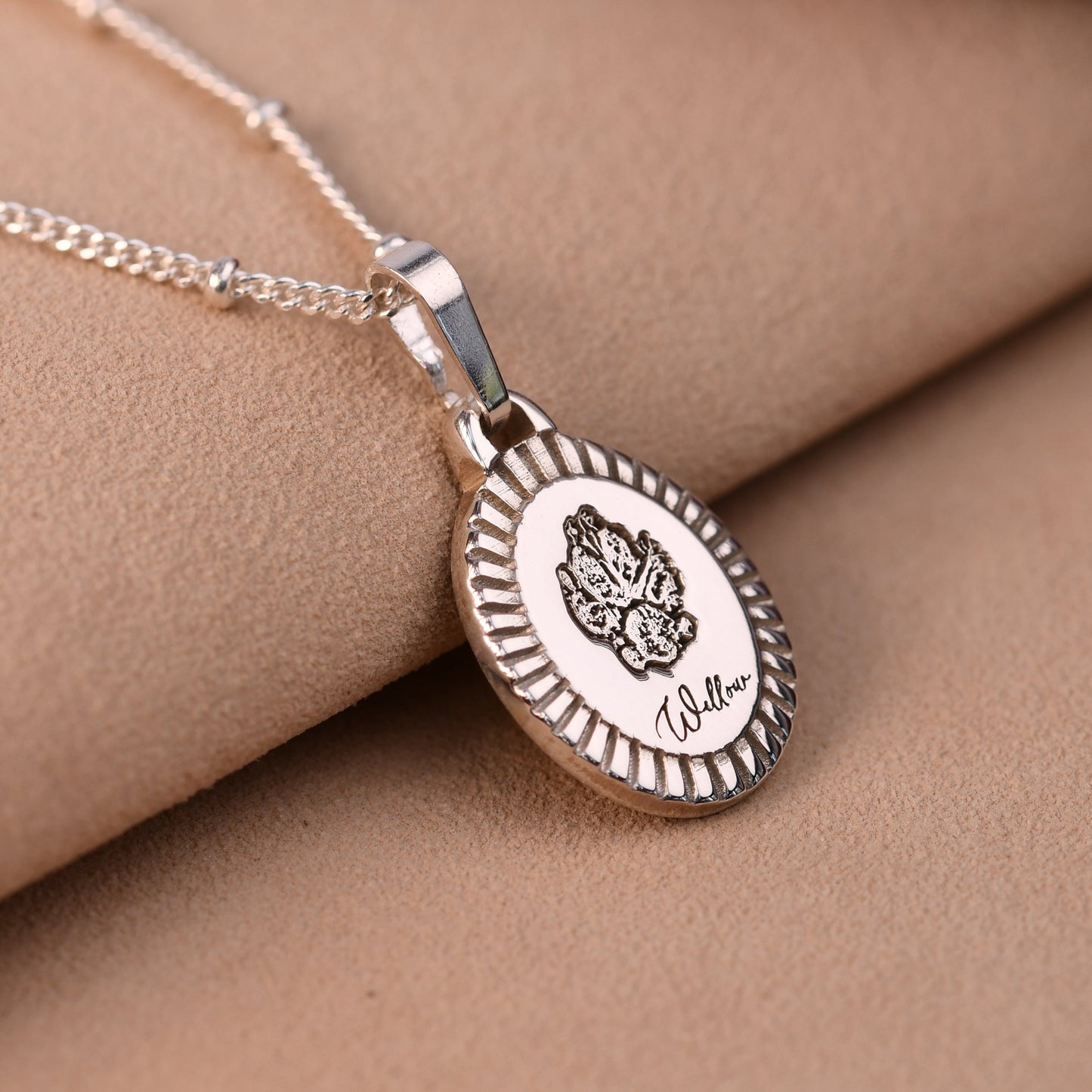 Heavyweight sterling silver sunburst oval pendant with actual pet paw print and name Willow engraved, handmade UK